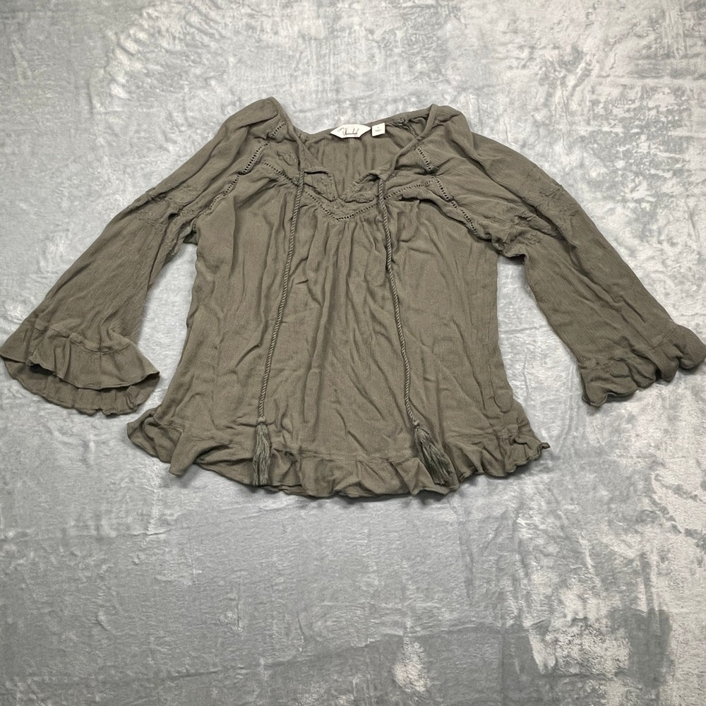 Caffe Marrakesh Peasant Blouse Womens L‎ Olive Green Tassel Ruffle Boho Top
